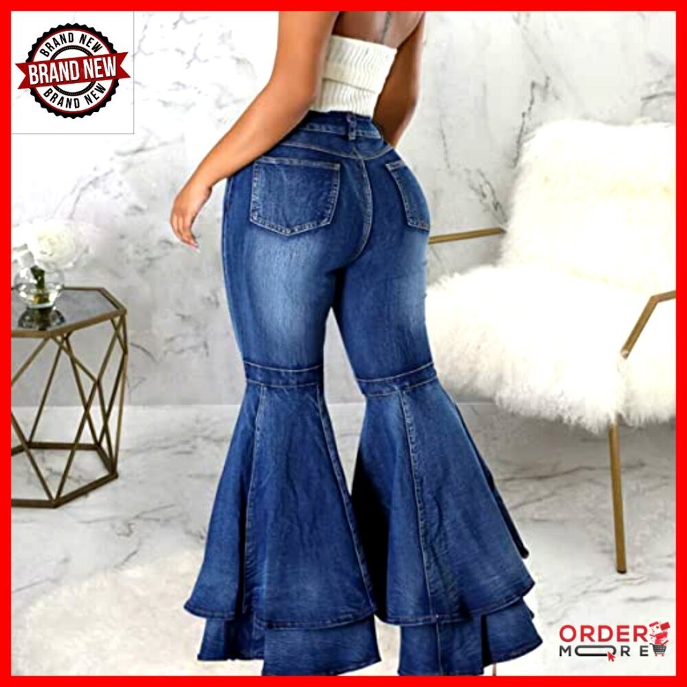 High Waisted Bell Bottom Jeans Flared Wide Leg Denim Pants 70s Style - Picture 3 of 7